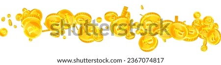 Russian ruble coins falling. Scattered gold RUB coins. Russia money. Jackpot wealth or success concept. Panoramic vector illustration.