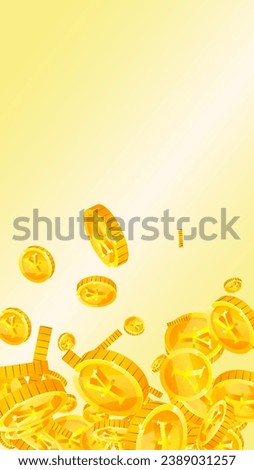 Japanese yen coins falling. Scattered gold JPY coins. Japan money. Jackpot wealth or success concept. Vector illustration.