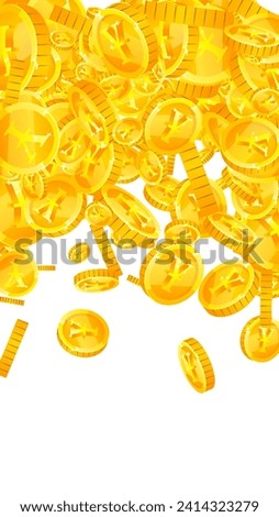 Japanese yen coins falling. Scattered gold JPY coins. Japan money. Jackpot wealth or success concept. Vector illustration.