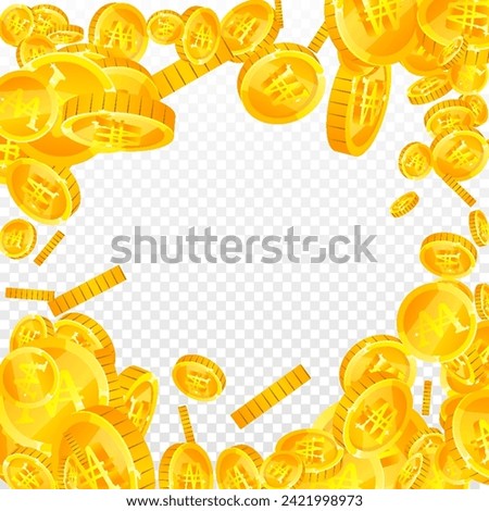 Korean won coins falling. Scattered gold WON coins. Korea money. Great business success concept. Square vector illustration.