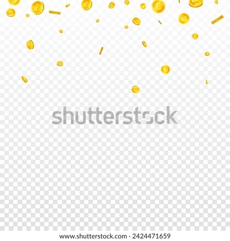 British pound coins falling. Scattered gold GBP coins.  United Kingdom money. Global financial crisis concept. Square vector illustration.