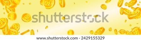 Korean won coins falling. Scattered gold WON coins. Korea money. Jackpot wealth or success concept. Panoramic vector illustration.