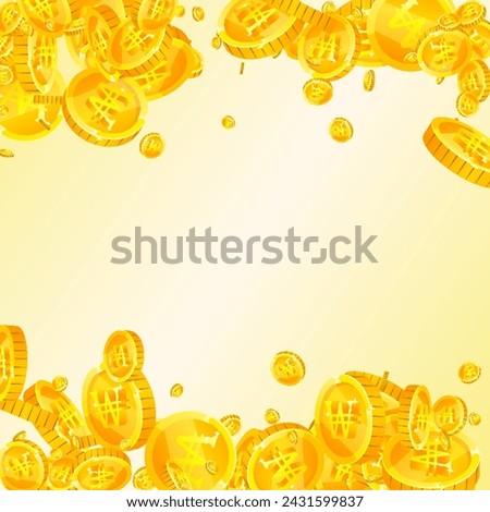 Korean won coins falling. Scattered gold WON coins. Korea money. Jackpot wealth or success concept. Square vector illustration.