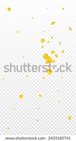 Russian ruble coins falling. Scattered gold RUB coins. Russia money. Jackpot wealth or success concept. Vector illustration.