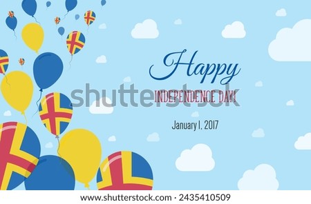 Aland Islands Independence Day Sparkling Patriotic Poster. Row of Balloons in Colors of the Swedish Flag. Greeting Card with National Flags, Blue Skyes and Clouds.