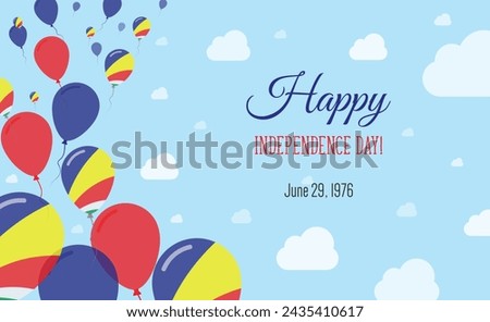 Seychelles Independence Day Sparkling Patriotic Poster. Row of Balloons in Colors of the Seychellois Flag. Greeting Card with National Flags, Blue Skyes and Clouds.
