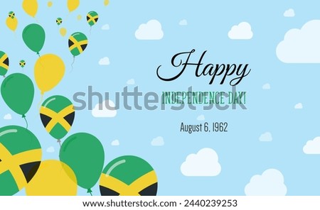 Jamaica Independence Day Sparkling Patriotic Poster. Row of Balloons in Colors of the Jamaican Flag. Greeting Card with National Flags, Blue Skyes and Clouds.