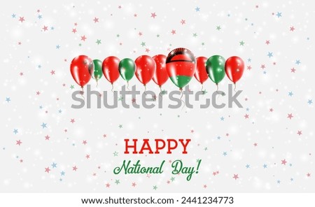 Malawi Independence Day Sparkling Patriotic Poster. Row of Balloons in Colors of the Malawian Flag. Greeting Card with National Flags, Confetti and Stars.