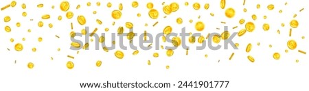 Indian rupee coins falling. Scattered gold INR coins. India money. Great business success concept. Panoramic vector illustration.