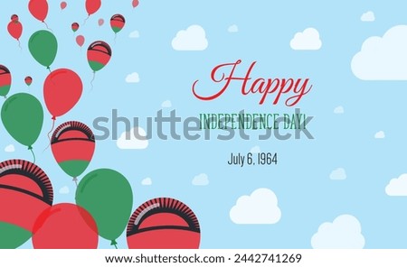 Malawi Independence Day Sparkling Patriotic Poster. Row of Balloons in Colors of the Malawian Flag. Greeting Card with National Flags, Blue Skyes and Clouds.