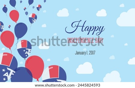 French Southern Territories Independence Day Sparkling Patriotic Poster. Row of Balloons in Colors of the  French Flag. Greeting Card with National Flags, Blue Skyes and Clouds.