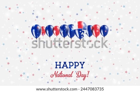 French Southern Territories Independence Day Sparkling Patriotic Poster. Row of Balloons in Colors of the  French Flag. Greeting Card with National Flags, Confetti and Stars.