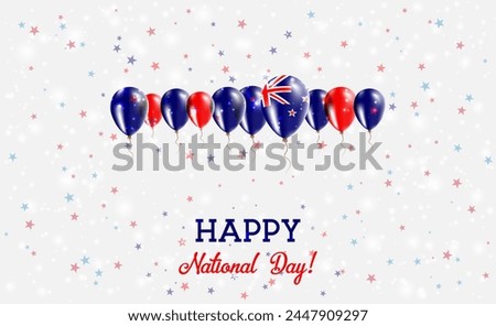 New Zealand Independence Day Sparkling Patriotic Poster. Row of Balloons in Colors of the New Zealander Flag. Greeting Card with National Flags, Confetti and Stars.