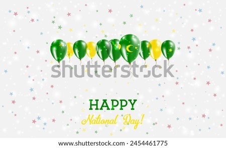Cocos Islands Independence Day Sparkling Patriotic Poster. Row of Balloons in Colors of the Cocos Islander Flag. Greeting Card with National Flags, Confetti and Stars.