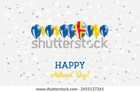 Aland Islands Independence Day Sparkling Patriotic Poster. Row of Balloons in Colors of the Swedish Flag. Greeting Card with National Flags, Confetti and Stars.