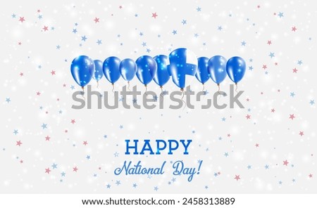 Finland Independence Day Sparkling Patriotic Poster. Row of Balloons in Colors of the Finnish Flag. Greeting Card with National Flags, Confetti and Stars.