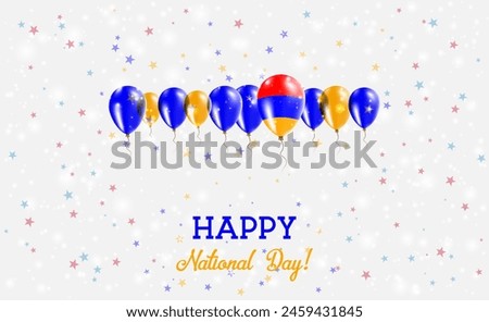 Armenia Independence Day Sparkling Patriotic Poster. Row of Balloons in Colors of the Armenian Flag. Greeting Card with National Flags, Confetti and Stars.