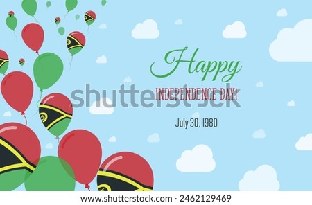 Vanuatu Ni Independence Day Sparkling Patriotic Poster. Row of Balloons in Colors of the Vanuatu Flag. Greeting Card with National Flags, Blue Skyes and Clouds.