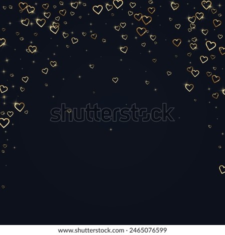 Sprinkled hearts valentine template. Gold hearts scattered on black background. Festive sprinkled hearts vector illustration.