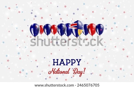 Turks and Caicos Islands Independence Day Sparkling Patriotic Poster. Row of Balloons in Colors of the Turks and Caicos Islander Flag. Greeting Card with National Flags, Confetti and Stars.