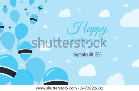 Botswana Independence Day Sparkling Patriotic Poster. Row of Balloons in Colors of the Botswanian Flag. Greeting Card with National Flags, Blue Skyes and Clouds.