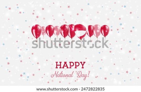 Greenland Independence Day Sparkling Patriotic Poster. Row of Balloons in Colors of the Greenlandic Flag. Greeting Card with National Flags, Confetti and Stars.