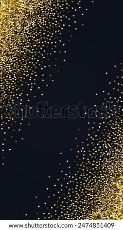 Sprinkled hearts valentine template. Gold hearts scattered on black background. Festive sprinkled hearts vector illustration.