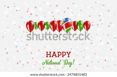 Namibia Independence Day Sparkling Patriotic Poster. Row of Balloons in Colors of the Namibian Flag. Greeting Card with National Flags, Confetti and Stars.