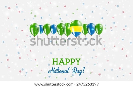 Gabon Independence Day Sparkling Patriotic Poster. Row of Balloons in Colors of the Gabonese Flag. Greeting Card with National Flags, Confetti and Stars.