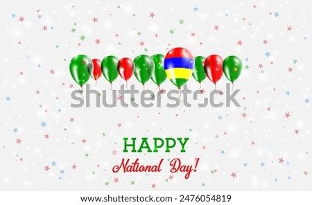 Mauritius Independence Day Sparkling Patriotic Poster. Row of Balloons in Colors of the Mauritian Flag. Greeting Card with National Flags, Confetti and Stars.