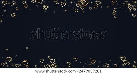 Sprinkled hearts valentine template. Gold hearts scattered on black background. Festive sprinkled hearts vector illustration.