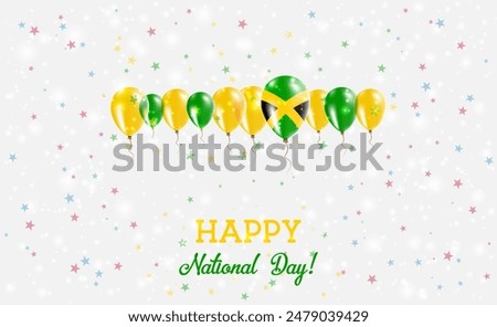 Jamaica Independence Day Sparkling Patriotic Poster. Row of Balloons in Colors of the Jamaican Flag. Greeting Card with National Flags, Confetti and Stars.