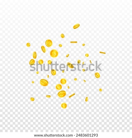 British pound coins falling. Scattered gold GBP coins.  United Kingdom money. Global financial crisis concept. Square vector illustration.