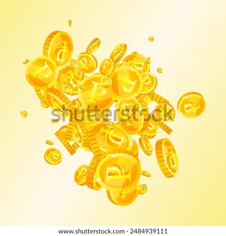 Russian ruble coins falling. Scattered gold RUB coins. Russia money. Jackpot wealth or success concept. Square vector illustration.