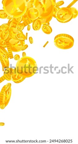Japanese yen coins falling. Scattered gold JPY coins. Japan money. Global financial crisis concept. Vector illustration.