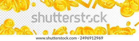 British pound coins falling. Scattered gold GBP coins.  United Kingdom money. Global financial crisis concept. Panoramic vector illustration.