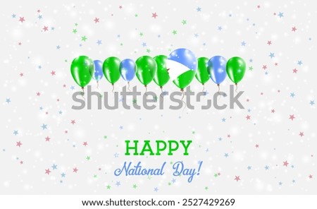 Djibouti Independence Day Sparkling Patriotic Poster. Row of Balloons in Colors of the Djibouti Flag. Greeting Card with National Flags, Confetti and Stars.