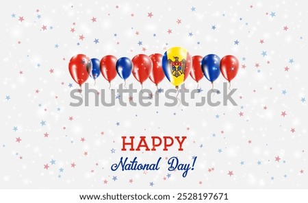 Republic of Moldova  Independence Day Sparkling Patriotic Poster. Row of Balloons in Colors of the Moldovan Flag. Greeting Card with National Flags, Confetti and Stars.