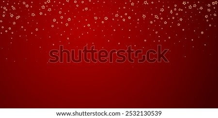 Twinkle stars scattered around randomly, flying, falling down, floating.  Christmas celebration concept. Festive stars vector illustration on red background.