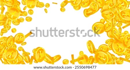 Japanese yen coins falling. Scattered gold JPY coins. Japan money. Jackpot wealth or success concept. Wide vector illustration.