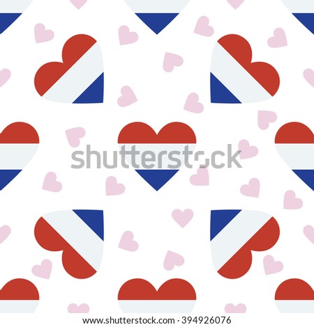 Bonaire, Sint Eustatius and Saba flag independence day seamless pattern. Patriotic country flag background. Bonaire, Sint Eustatius and Saba flag in the shape of heart. Vector seamless pattern.