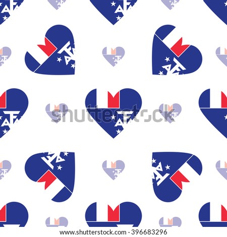 French Southern Territories flag heart seamless pattern. Patriotic French Southern Territories flag background. Country flag in the shape of heart. Vector seamless pattern.