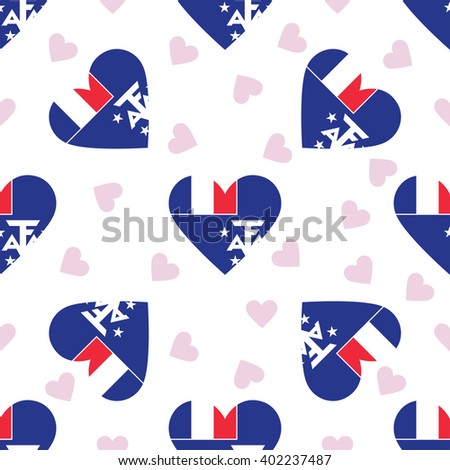 French Southern Territories flag independence day seamless pattern. Patriotic country flag background. French Southern Territories flag in the shape of heart. Vector seamless pattern.