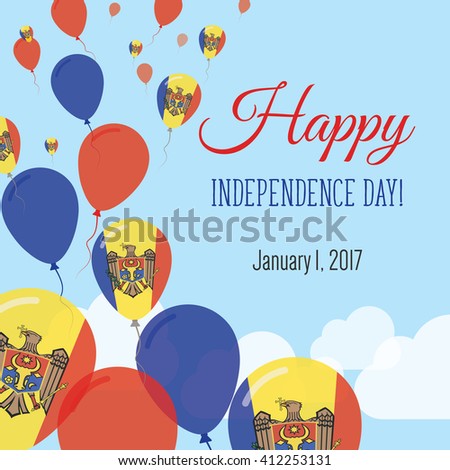 Moldova, Republic of Independence Day Greeting Card. Flying Flat Balloons In National Colors of Moldova, Republic of. Happy Independence Day Vector Illustration. Moldovan Flag Balloons.