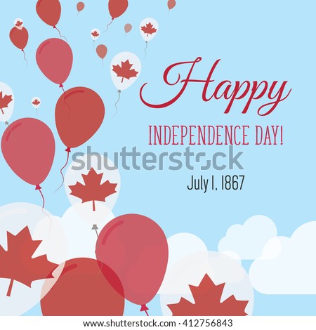 Canada Independence Day Greeting Card. Flying Flat Balloons In National Colors of Canada. Happy Independence Day Vector Illustration. Canadian Flag Balloons.