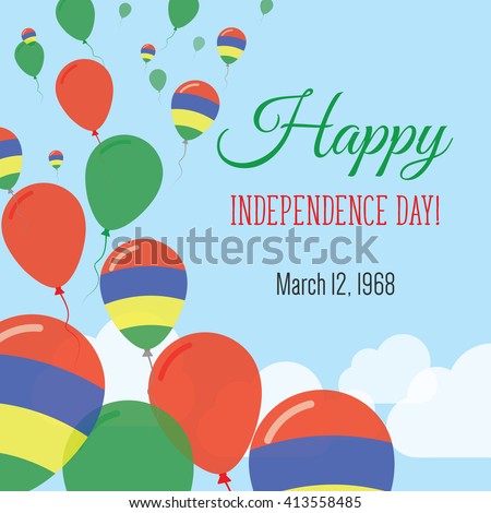 Mauritius Independence Day Greeting Card. Flying Flat Balloons In National Colors of Mauritius. Happy Independence Day Vector Illustration. Mauritian Flag Balloons.