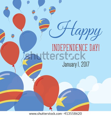 Congo, The Democratic Republic Of The Independence Day Greeting Card. Flying Flat Balloons In National Colors of Congo, The Democratic Republic Of The. Happy Independence Day Vector Illustration.
