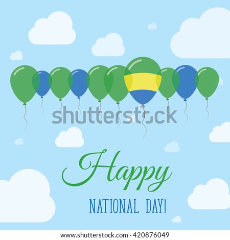 Gabon National Day Flat Patriotic Poster. Row of Balloons in Colors of the Gabonese flag. Happy National Day Gabon Card with Flags, Balloons, Clouds and Sky.