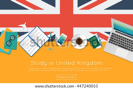 Study in United Kingdom concept for your web banner or print materials. Top view of a laptop, books and coffee cup on national flag. Flat style study abroad website header.