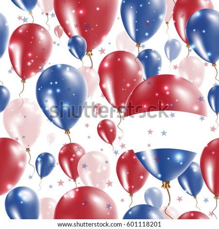 BES islands Independence Day Seamless Pattern. Flying Rubber Balloons in Colors of the Dutch Flag. Happy BES islands Day Patriotic Card with Balloons, Stars and Sparkles.